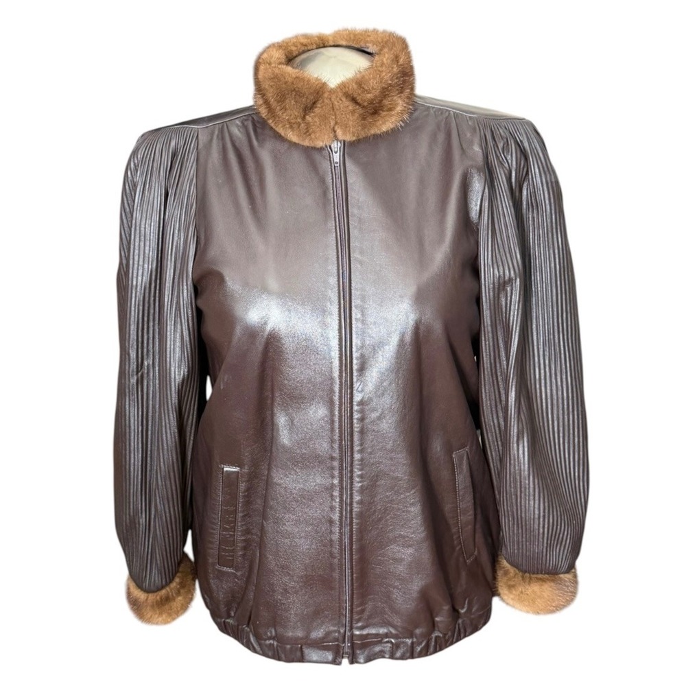 Dero by Rocco D'Amelio Vintage Brown Leather Fur Trim Pleated Sleeve Jacket M